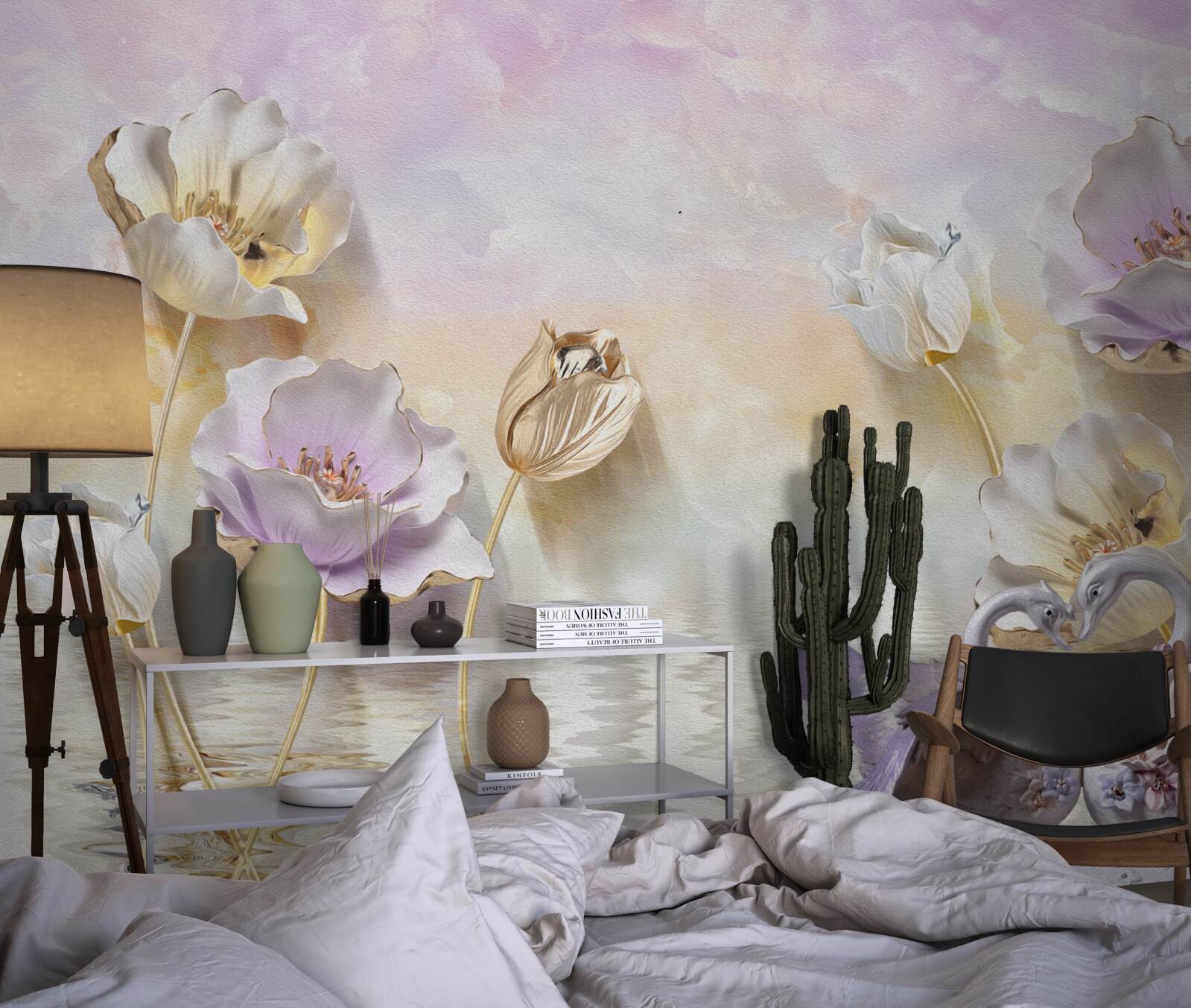 Фотошпалери відображення ніжних квітів у воді