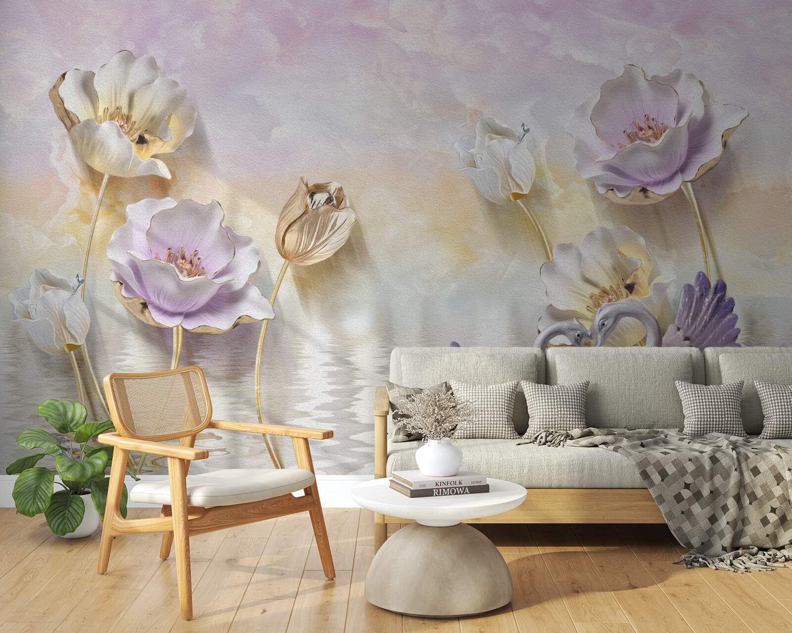 Фотошпалери відображення ніжних квітів у воді