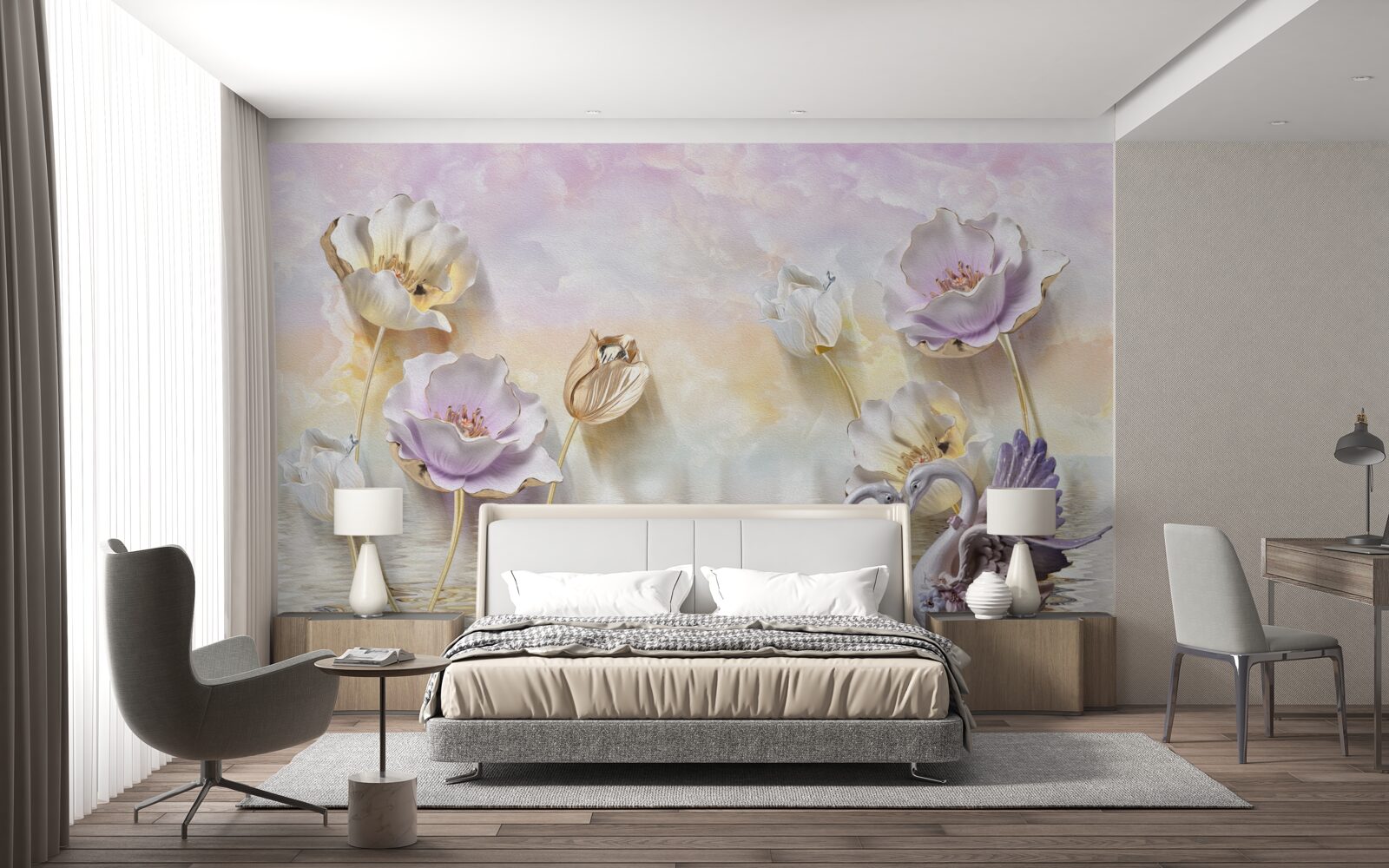 Фотошпалери відображення ніжних квітів у воді