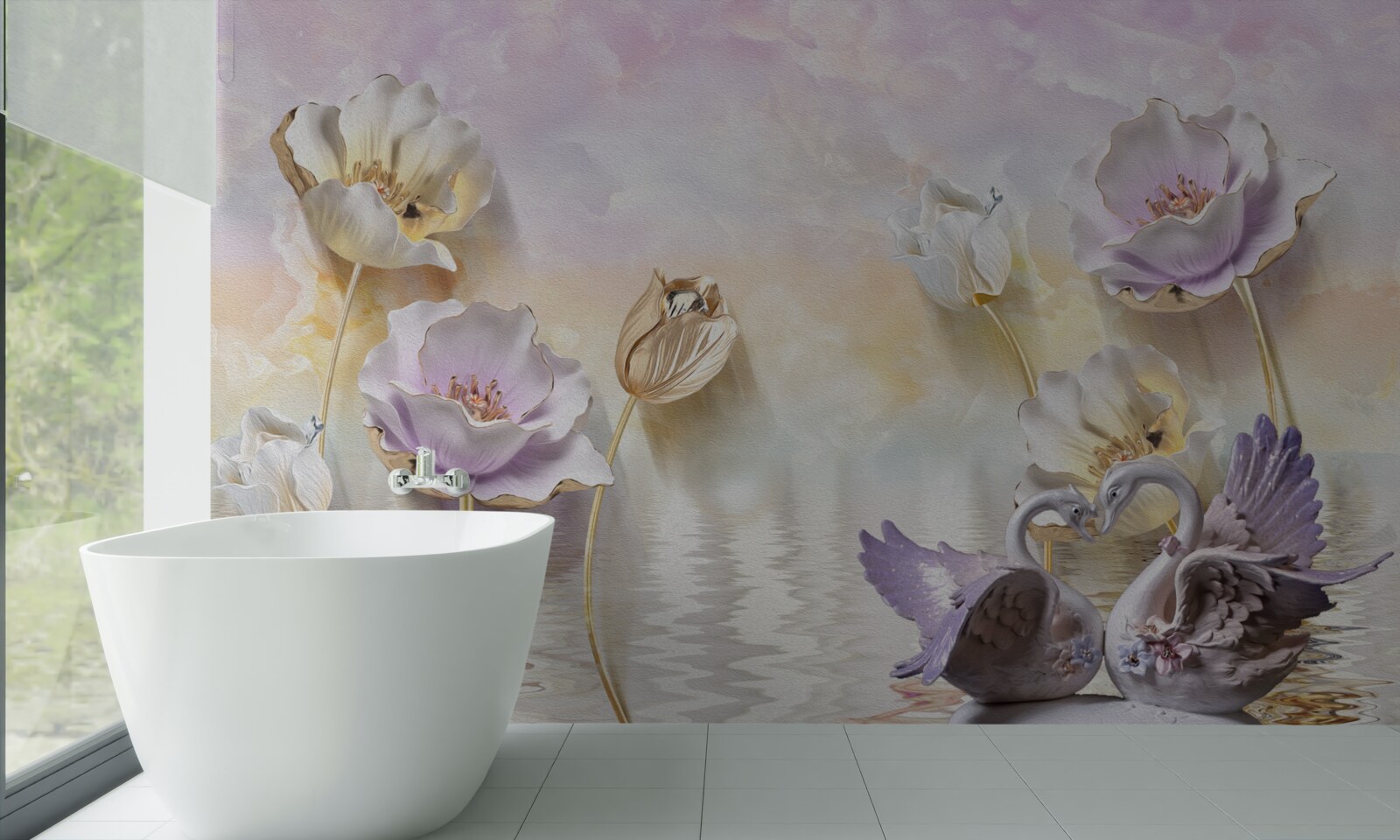 Фотошпалери відображення ніжних квітів у воді