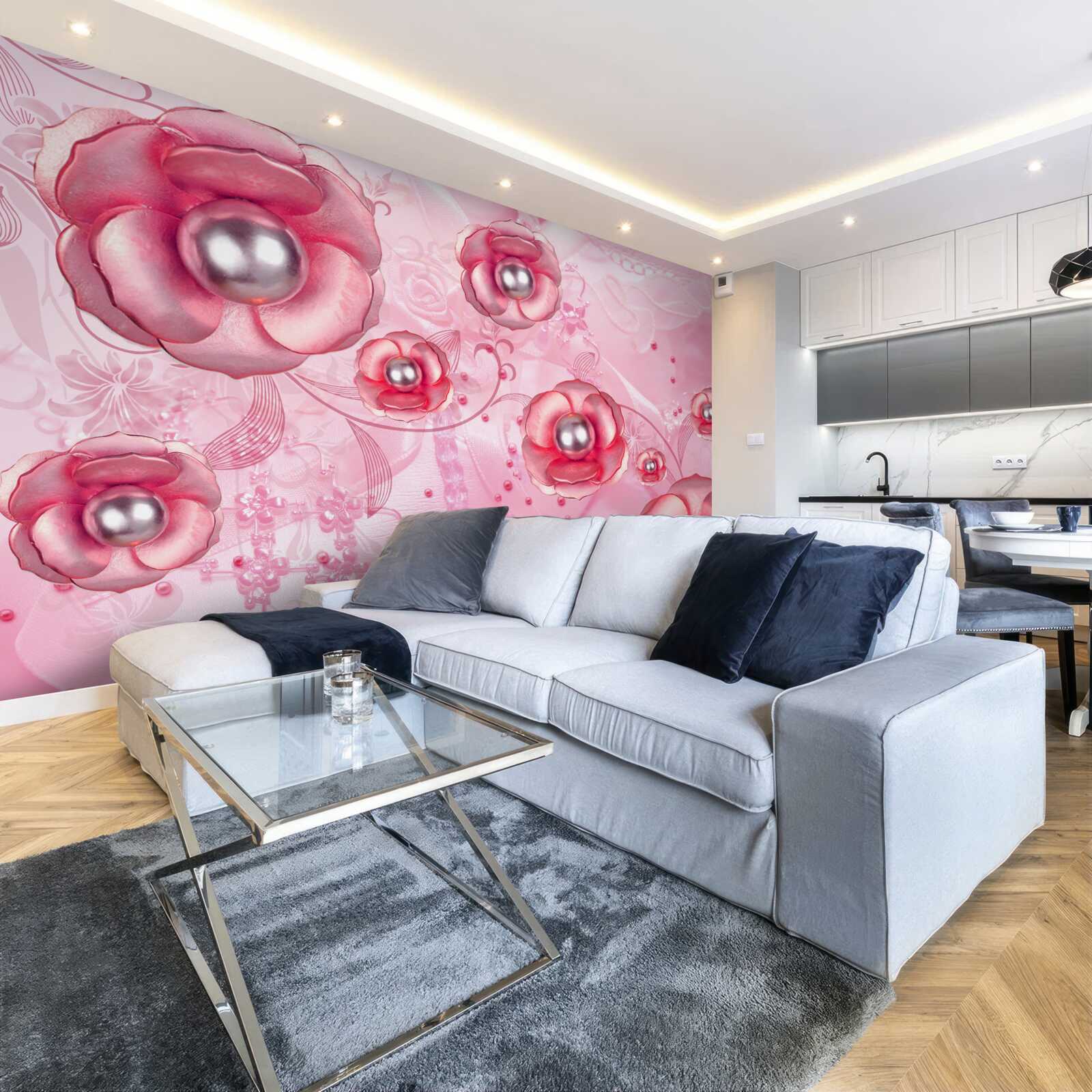 Фотошпалери ніжні червоні бутони з серцем, наповненим перлинами