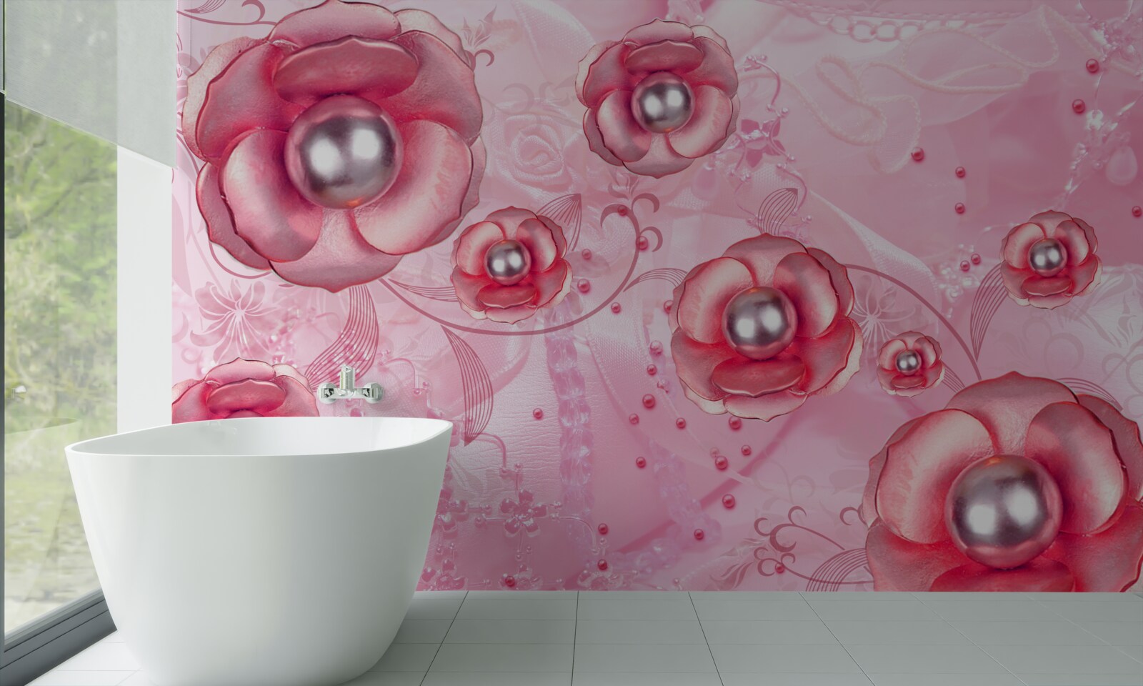 Фотошпалери ніжні червоні бутони з серцем, наповненим перлинами