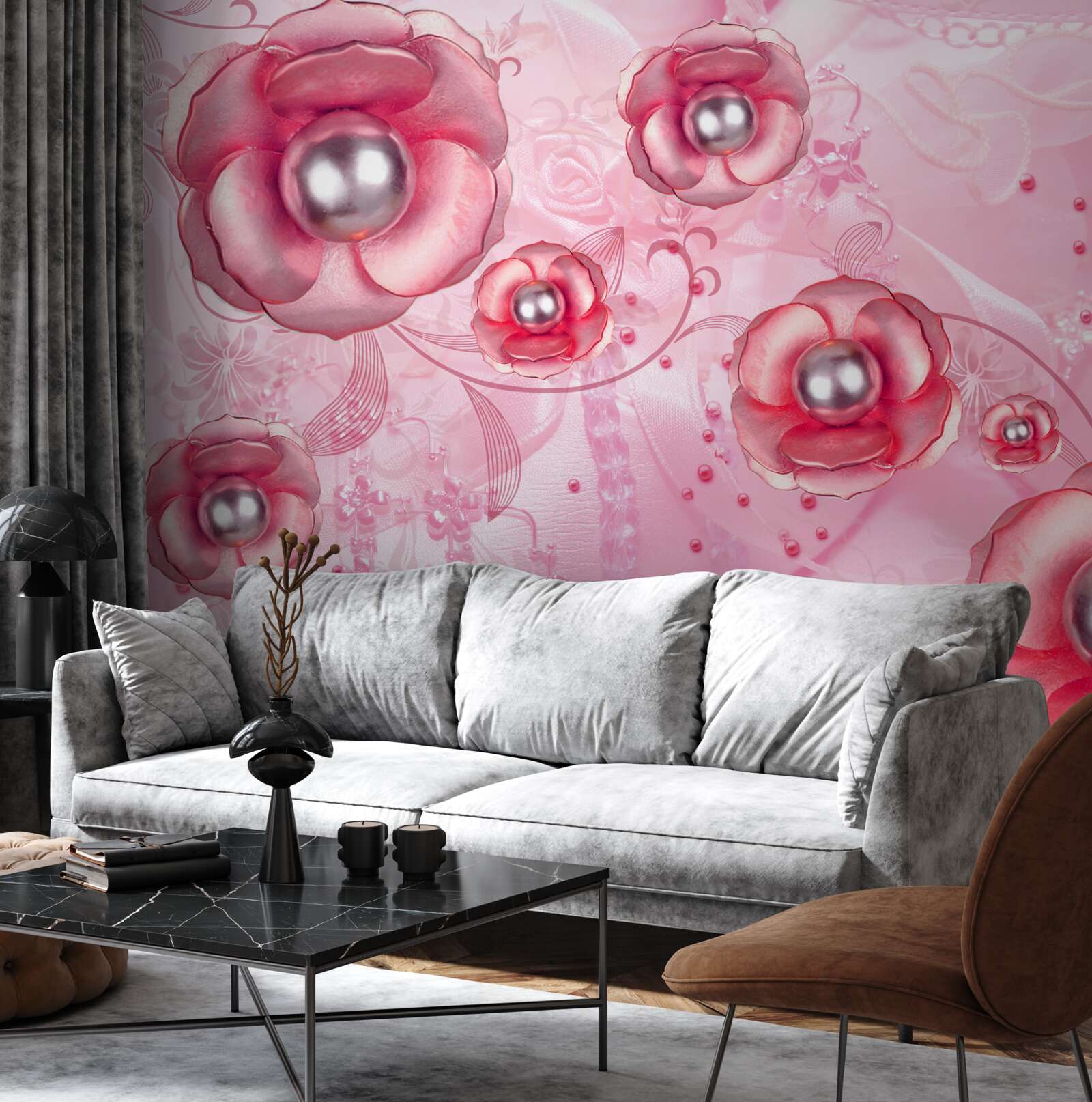 Фотошпалери ніжні червоні бутони з серцем, наповненим перлинами