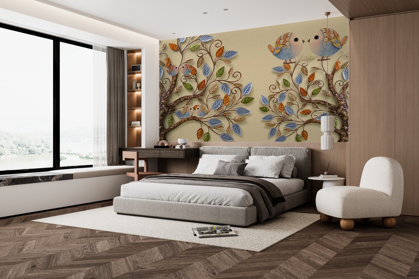 Фотошпалери осінні дерева з птахами