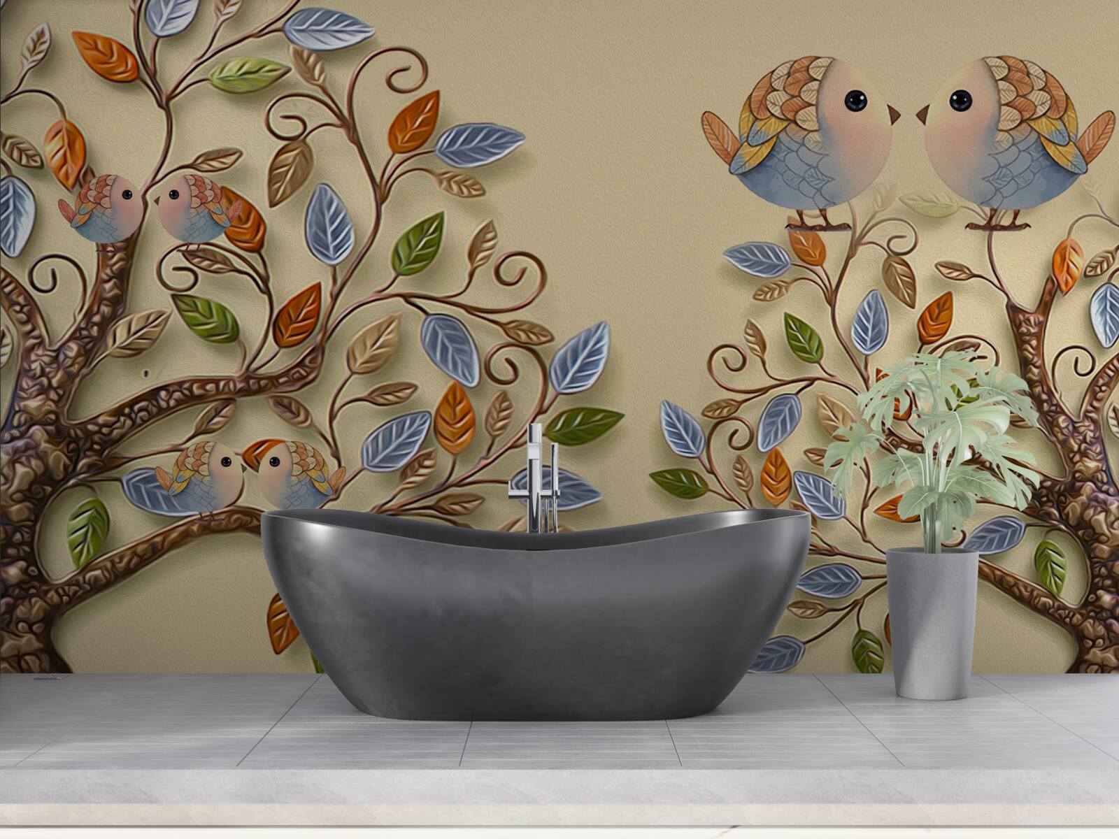 Фотошпалери осінні дерева з птахами