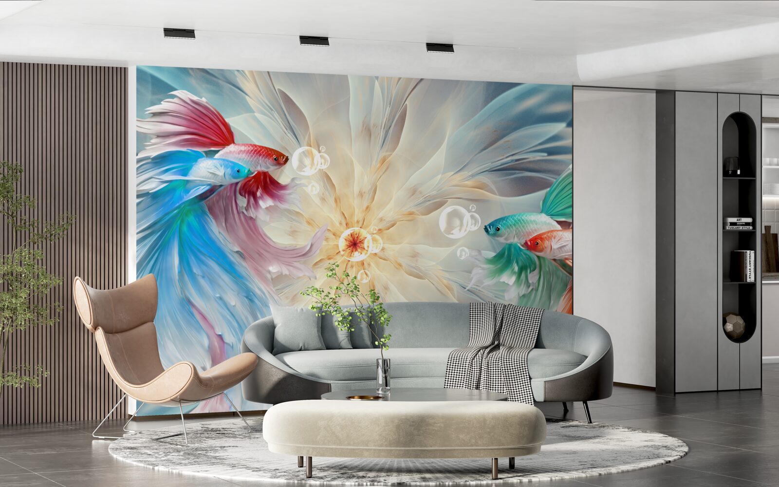 Фотошпалери яскраво забарвлені риби з розкішними хвостами