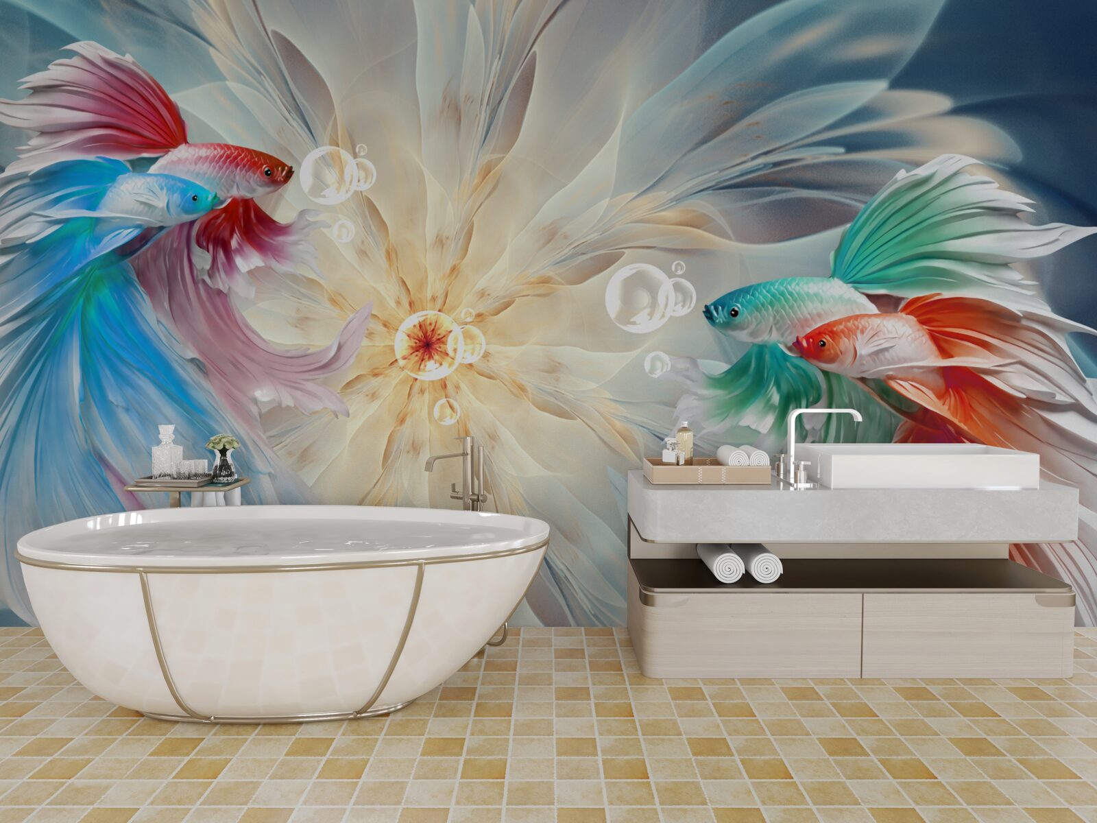 Фотошпалери яскраво забарвлені риби з розкішними хвостами