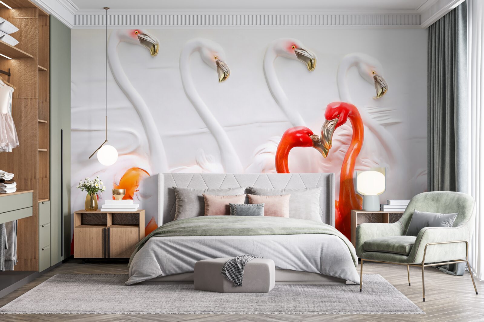 Фотошпалери фламінго у відтінках рожевого та білого