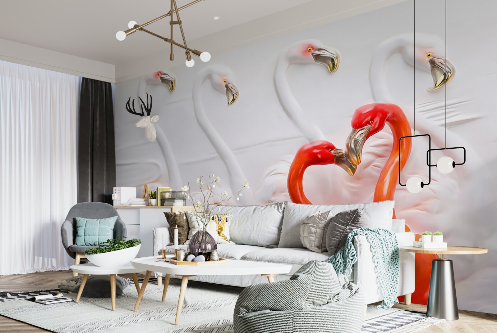 Фотошпалери фламінго у відтінках рожевого та білого