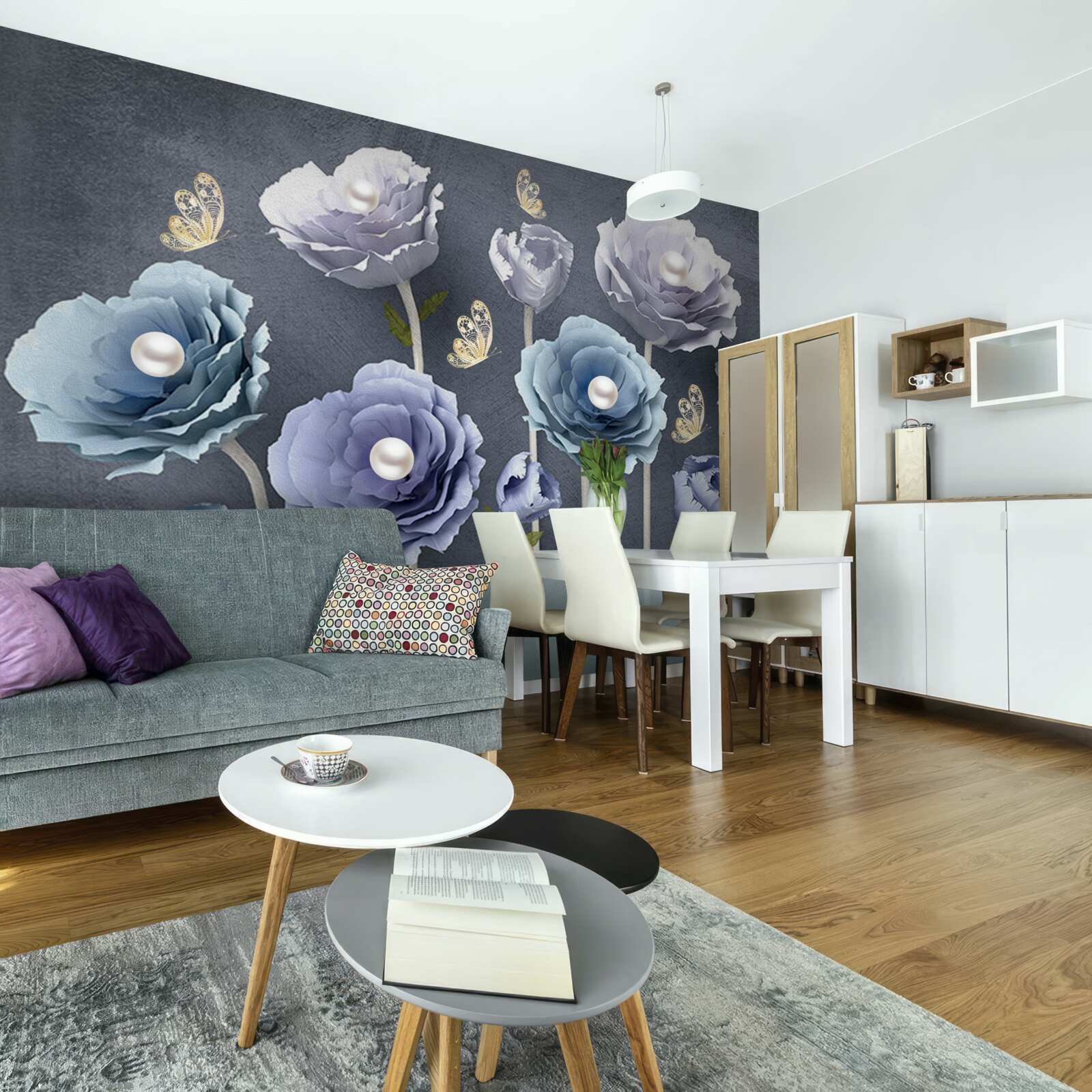 Фотошпалери сині та білі витончені маки з метеликами