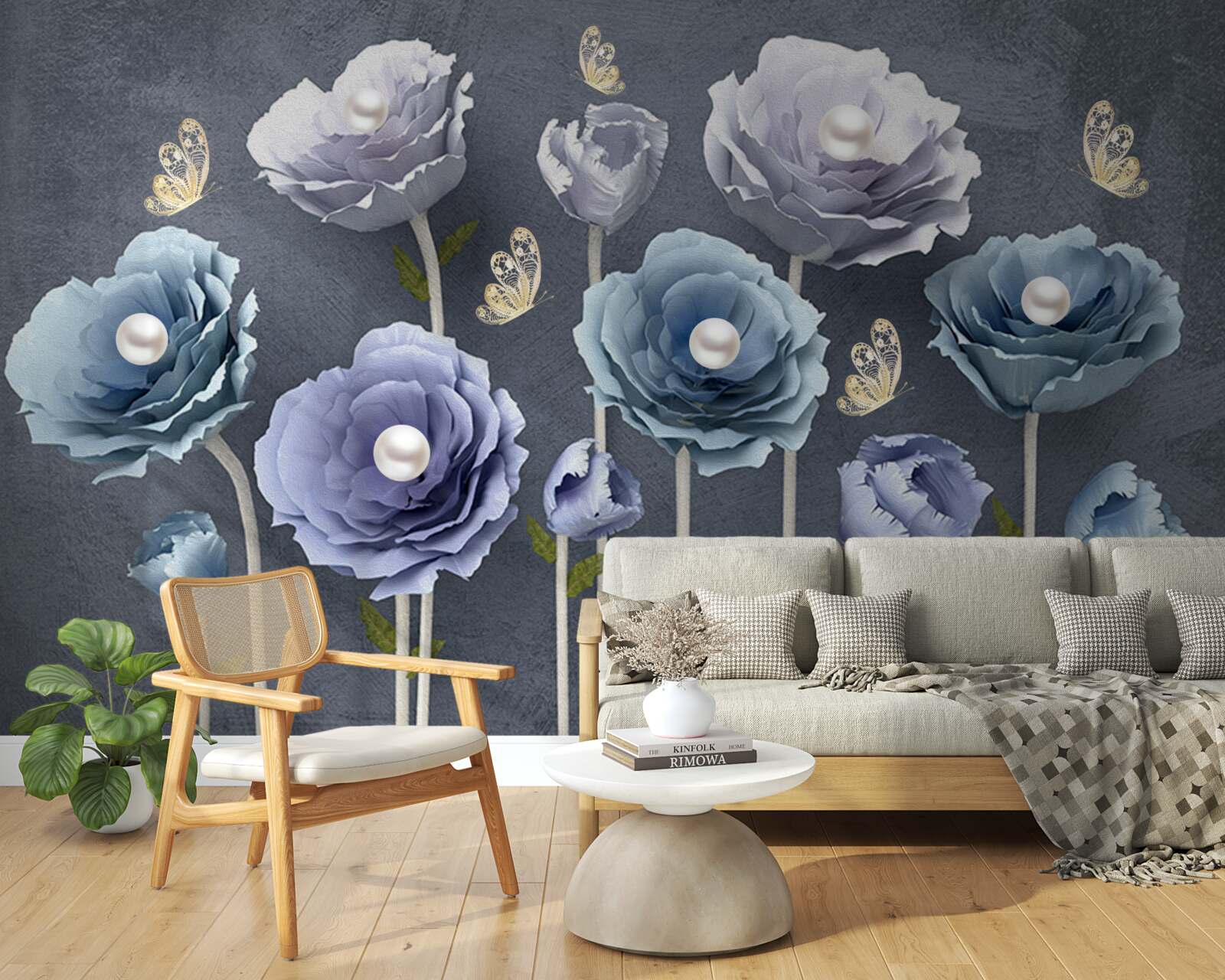 Фотошпалери сині та білі витончені маки з метеликами