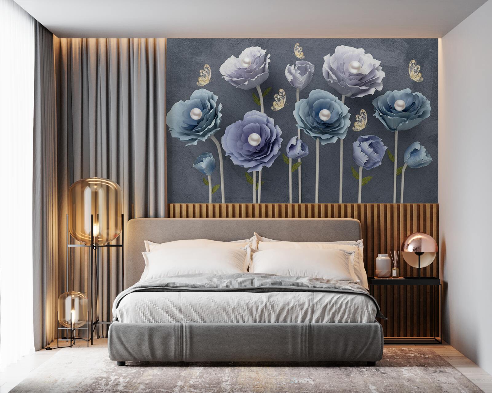 Фотошпалери сині та білі витончені маки з метеликами