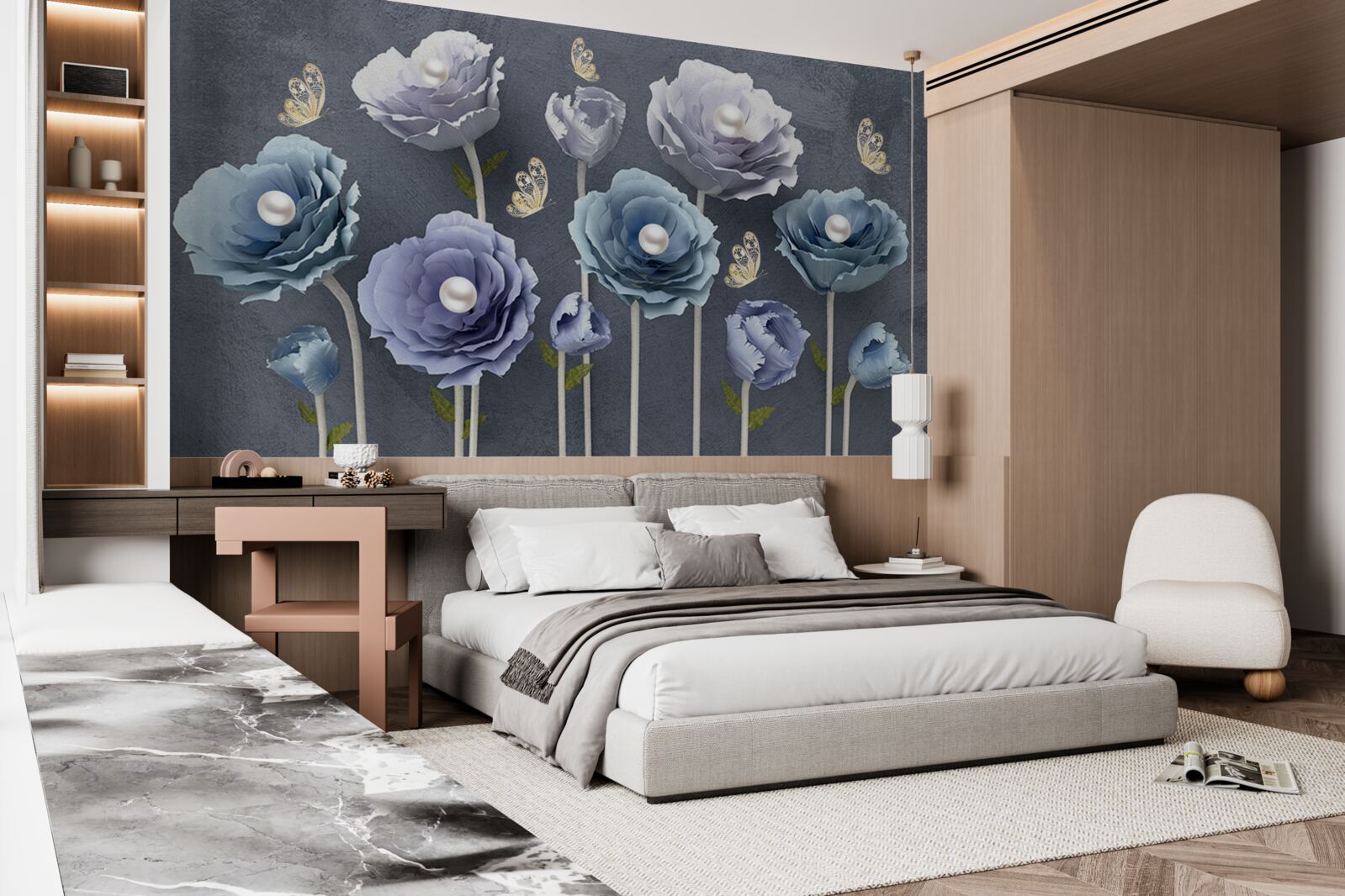 Фотошпалери сині та білі витончені маки з метеликами