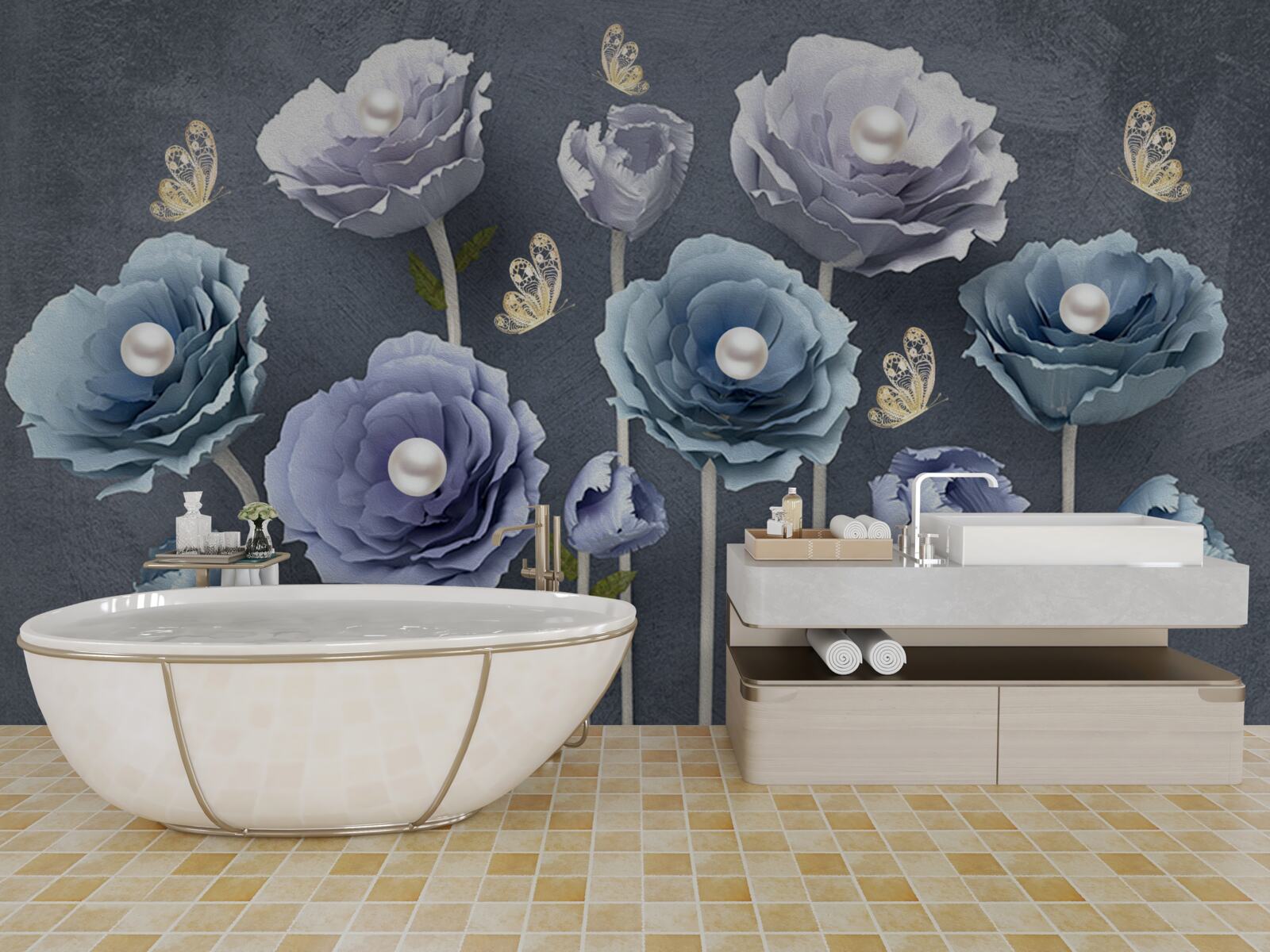 Фотошпалери сині та білі витончені маки з метеликами