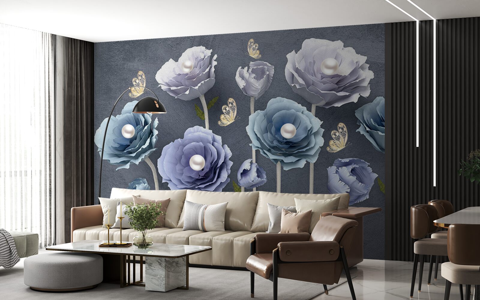 Фотошпалери сині та білі витончені маки з метеликами