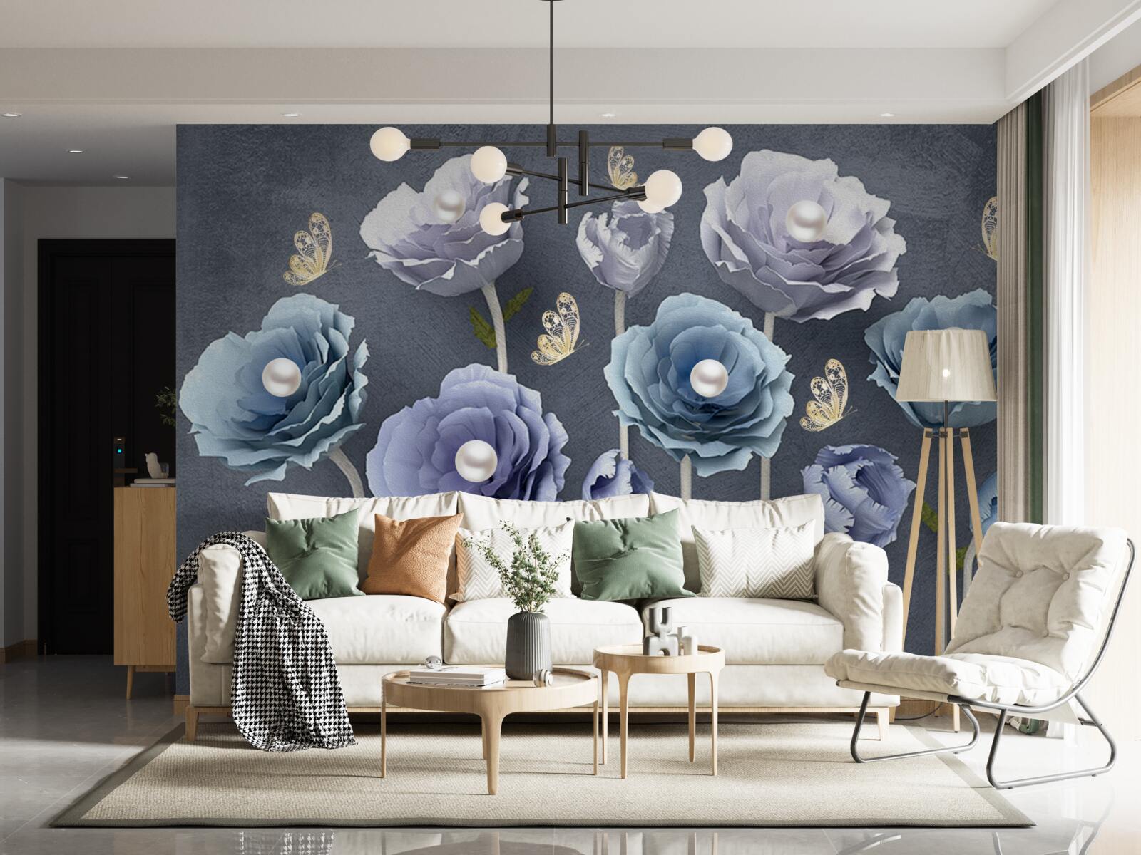 Фотошпалери сині та білі витончені маки з метеликами