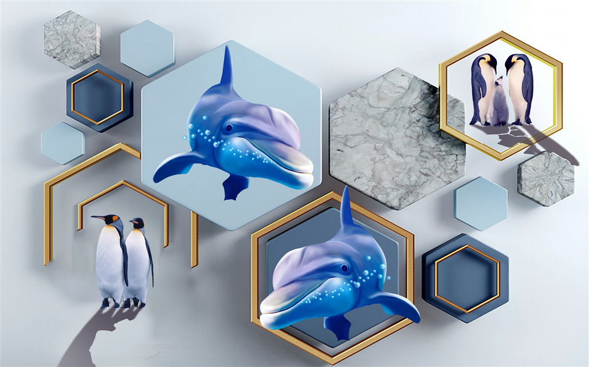 Фотошпалери у п'ятикутниках, обрамлених золотом, - кити