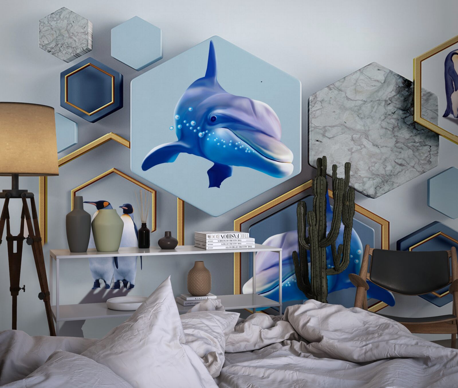 Фотошпалери у п'ятикутниках, обрамлених золотом, - кити