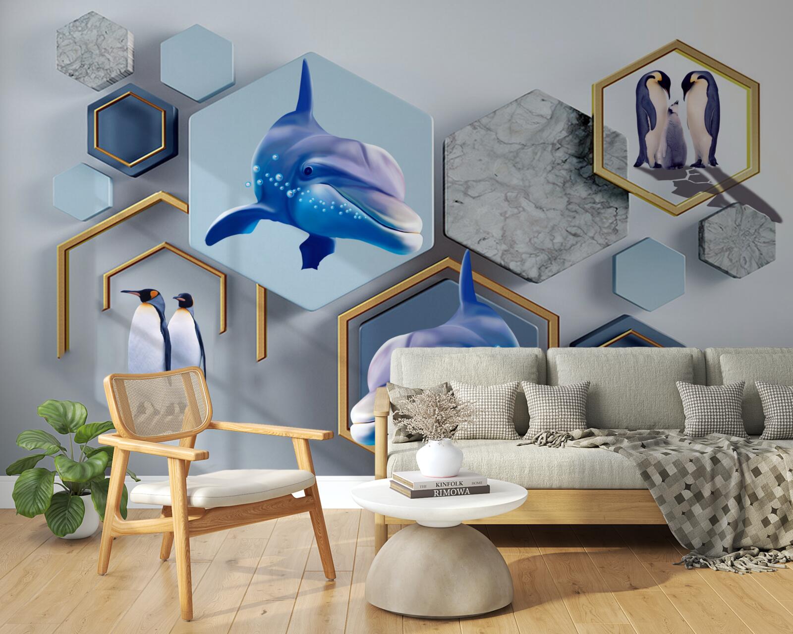 Фотошпалери у п'ятикутниках, обрамлених золотом, - кити