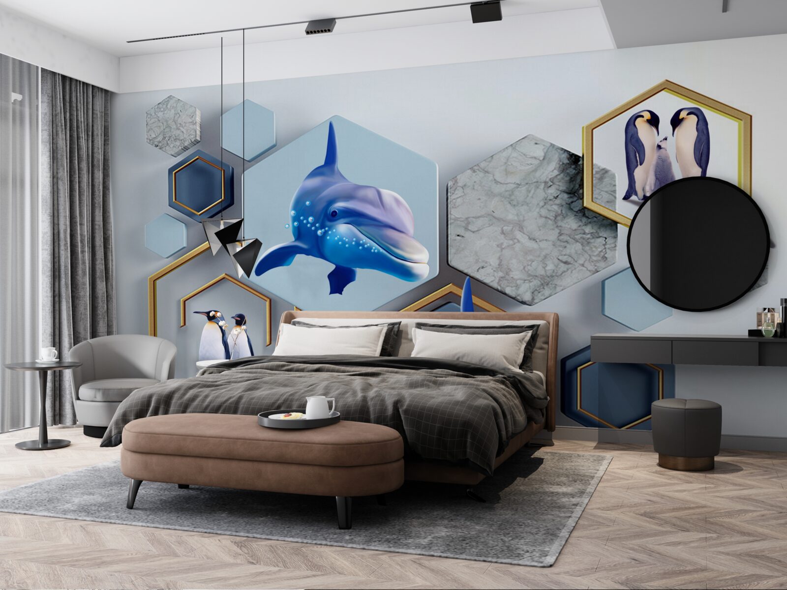 Фотошпалери у п'ятикутниках, обрамлених золотом, - кити