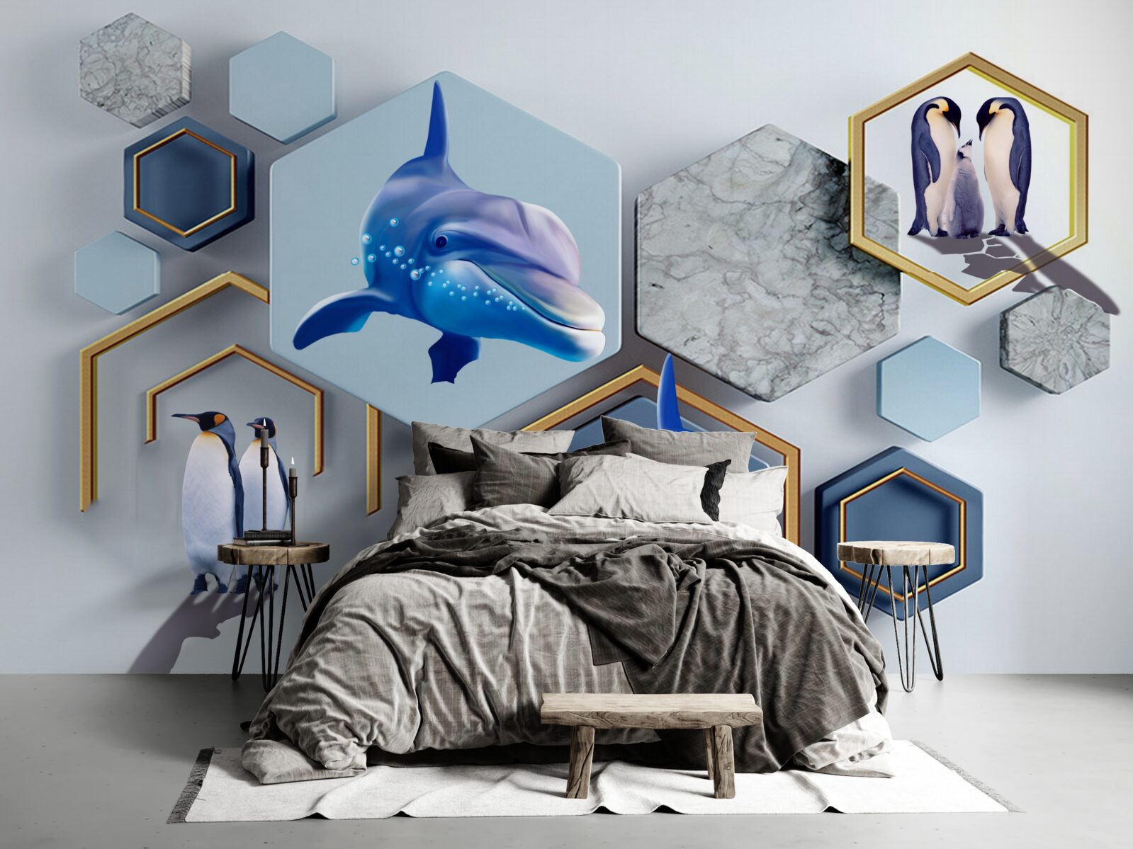 Фотошпалери у п'ятикутниках, обрамлених золотом, - кити