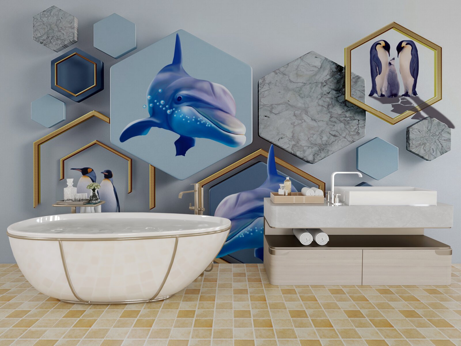 Фотошпалери у п'ятикутниках, обрамлених золотом, - кити