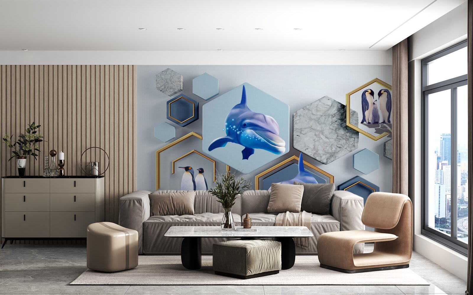 Фотошпалери у п'ятикутниках, обрамлених золотом, - кити