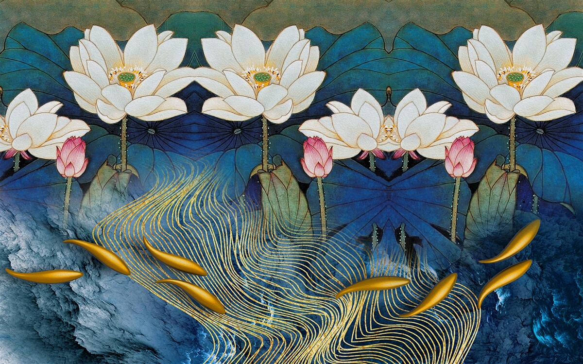 Фотошпалери блакитна вода, прикрашена білими лотосами