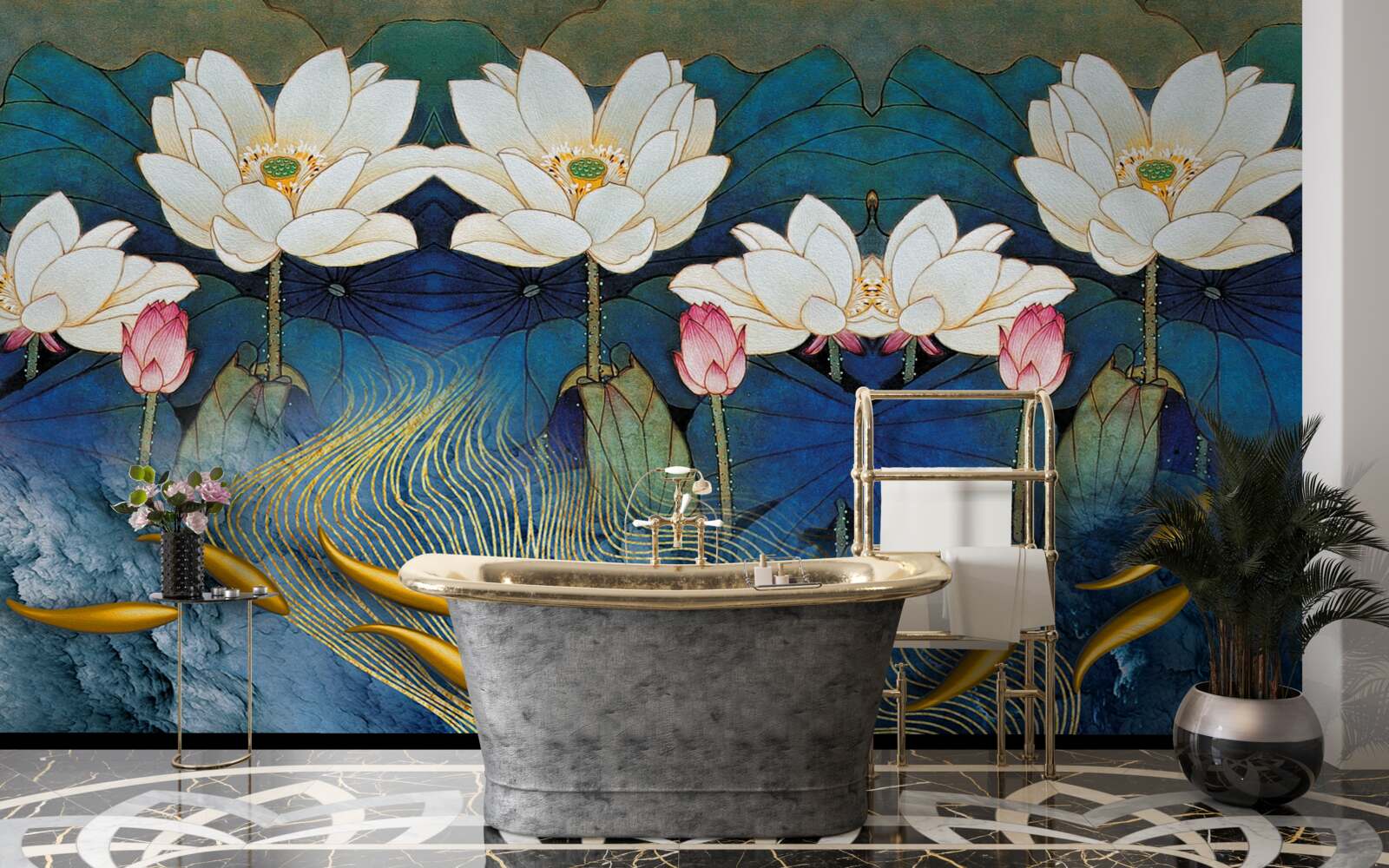 Фотошпалери блакитна вода, прикрашена білими лотосами
