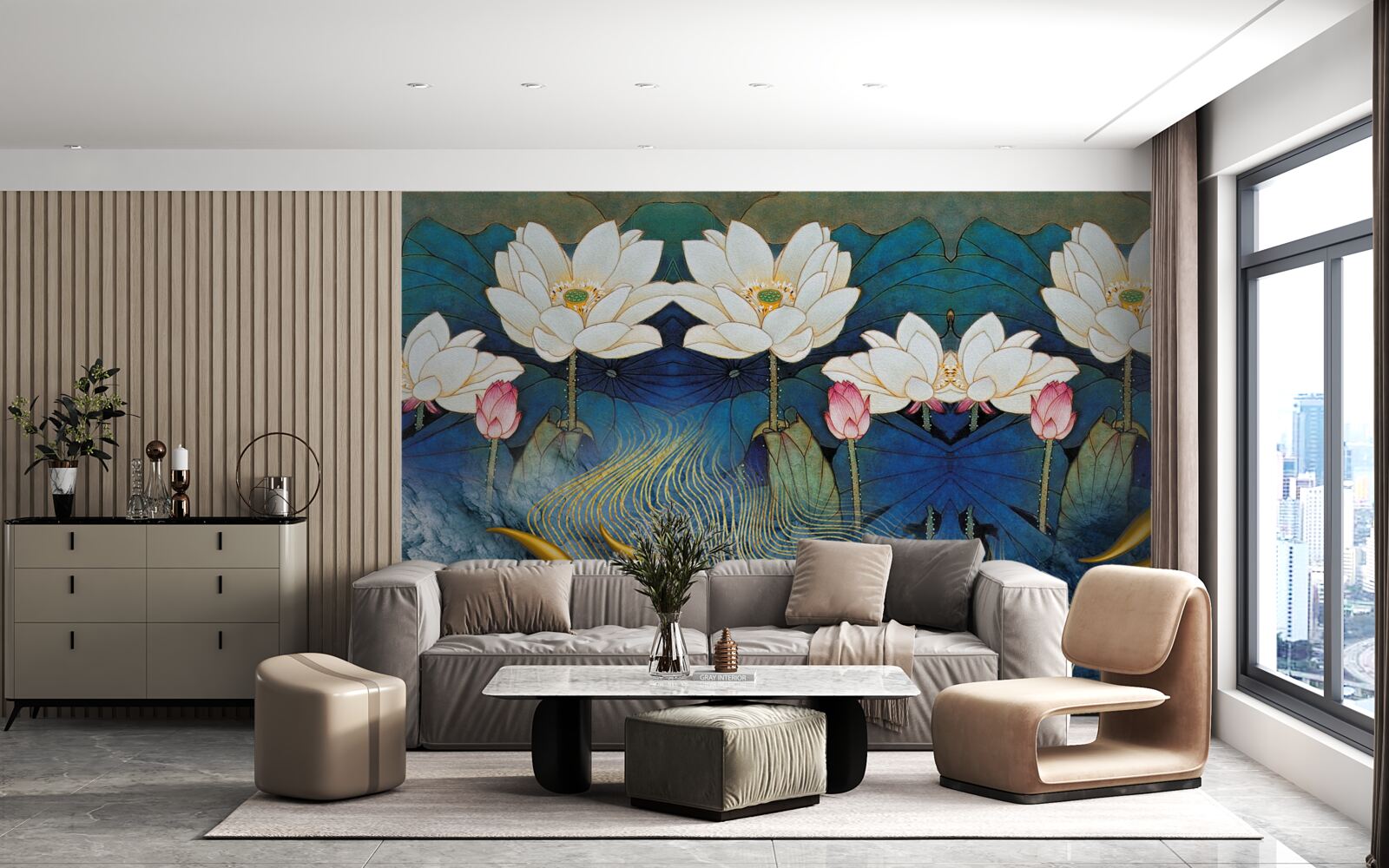 Фотошпалери блакитна вода, прикрашена білими лотосами