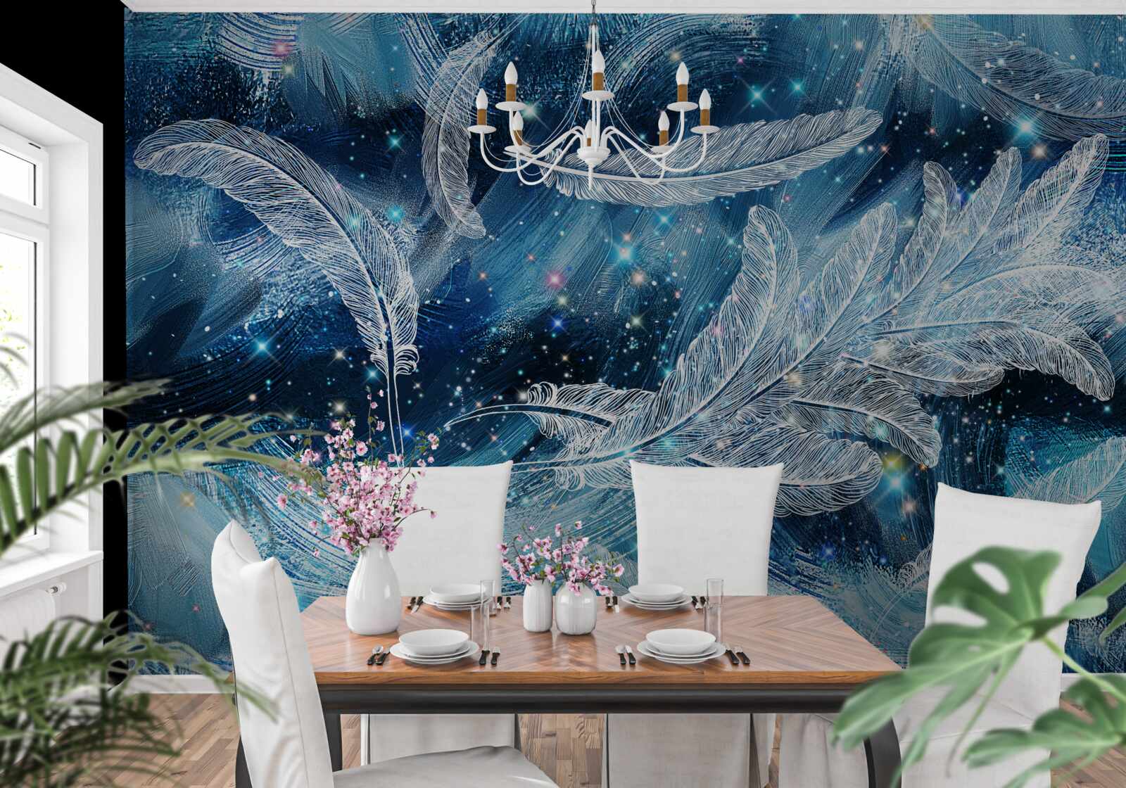 Фотошпалери сильний вітер несе біле пір'я