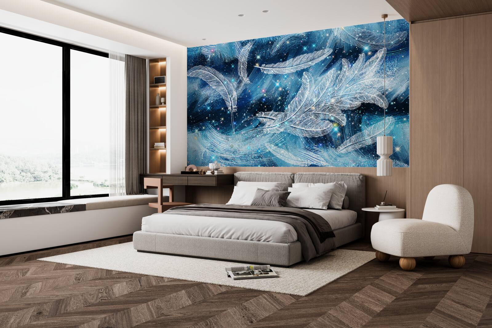 Фотошпалери сильний вітер несе біле пір'я