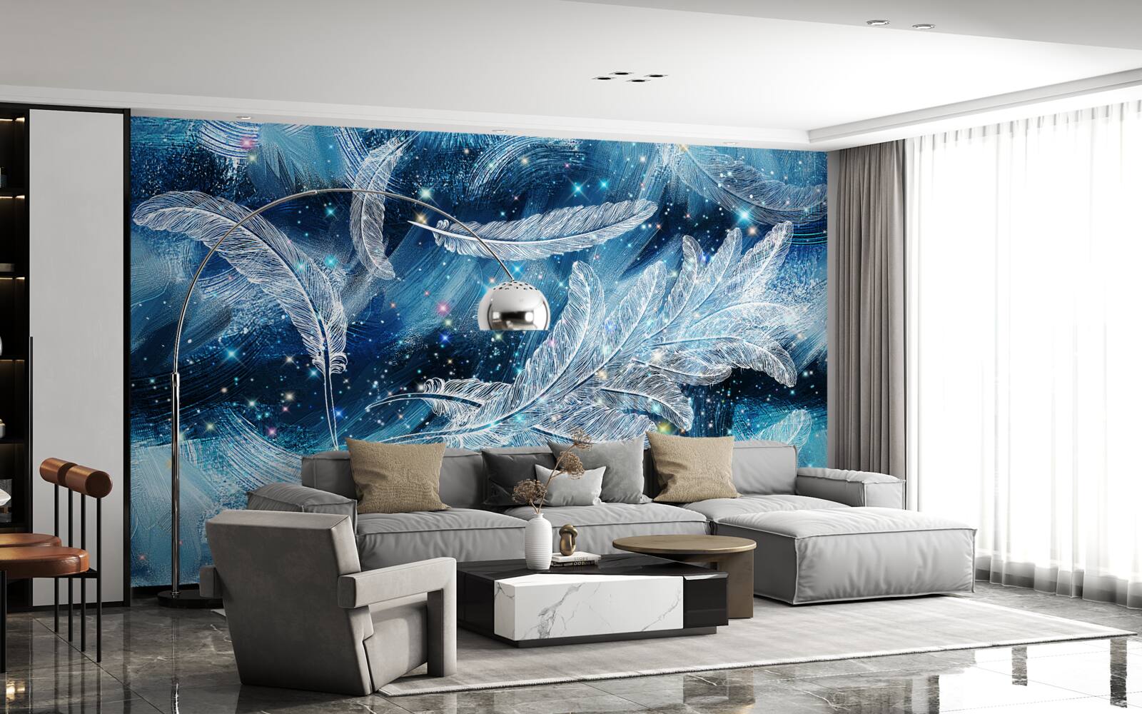 Фотошпалери сильний вітер несе біле пір'я