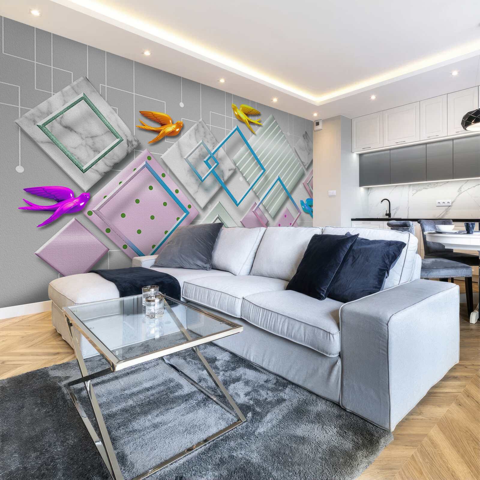 Фотошпалери різнокольорова абстракція птахів і фігур