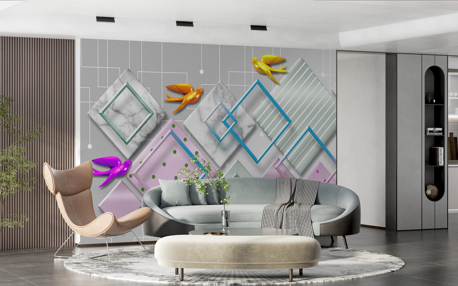 Фотошпалери різнокольорова абстракція птахів і фігур