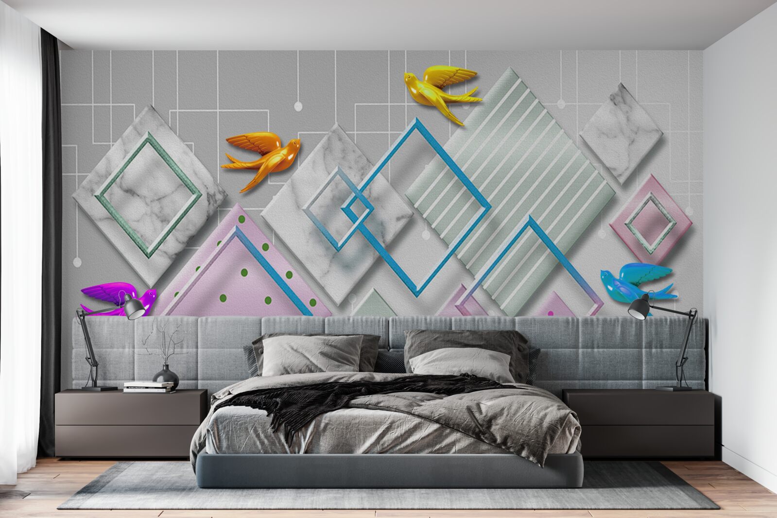 Фотошпалери різнокольорова абстракція птахів і фігур