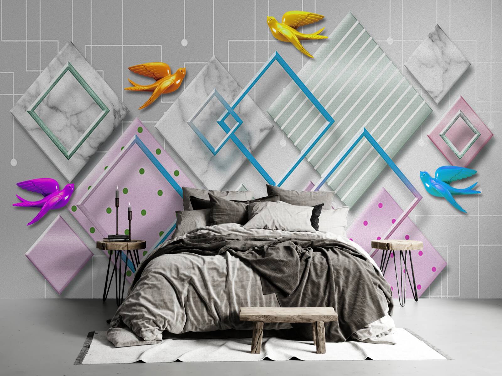 Фотошпалери різнокольорова абстракція птахів і фігур