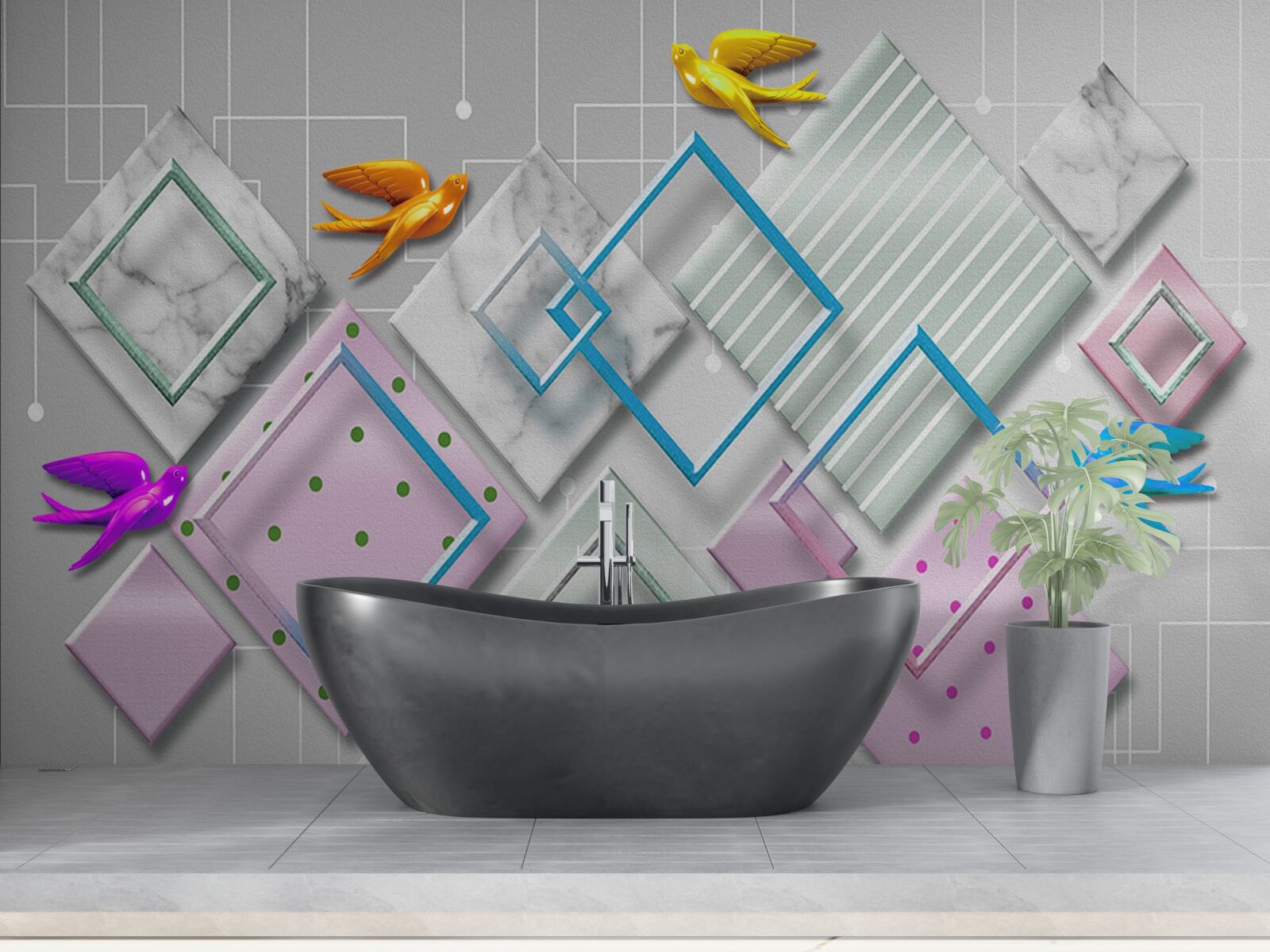 Фотошпалери різнокольорова абстракція птахів і фігур