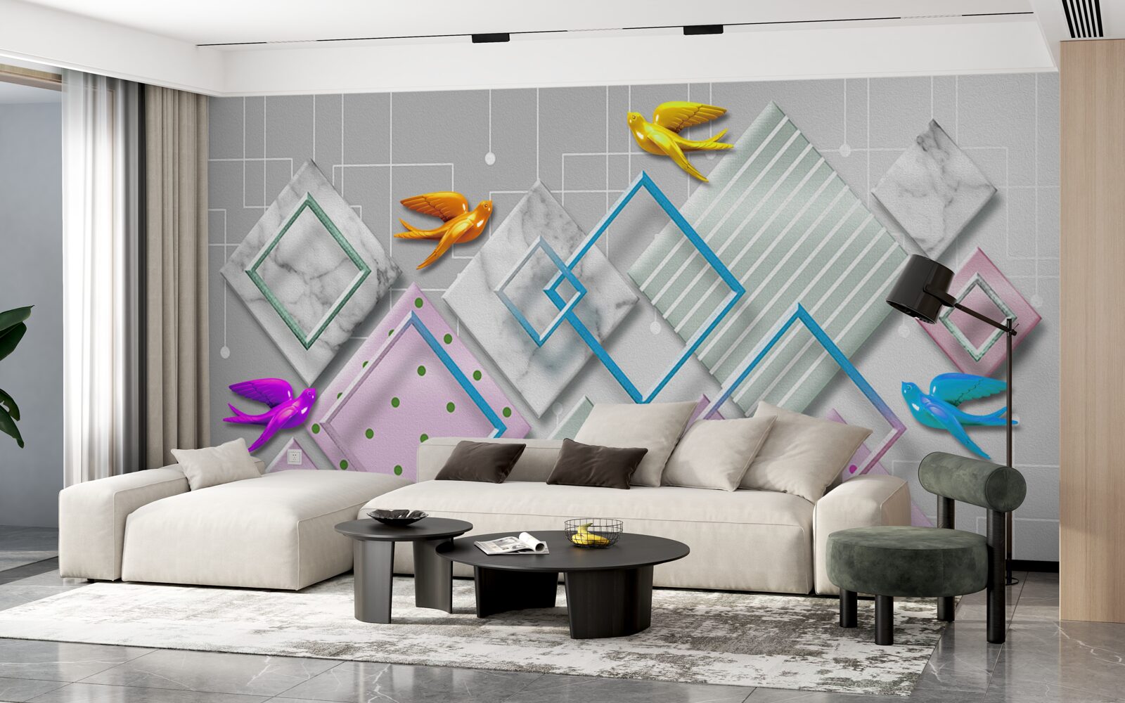 Фотошпалери різнокольорова абстракція птахів і фігур