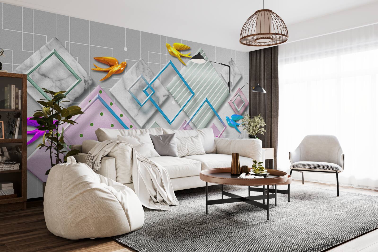 Фотошпалери різнокольорова абстракція птахів і фігур