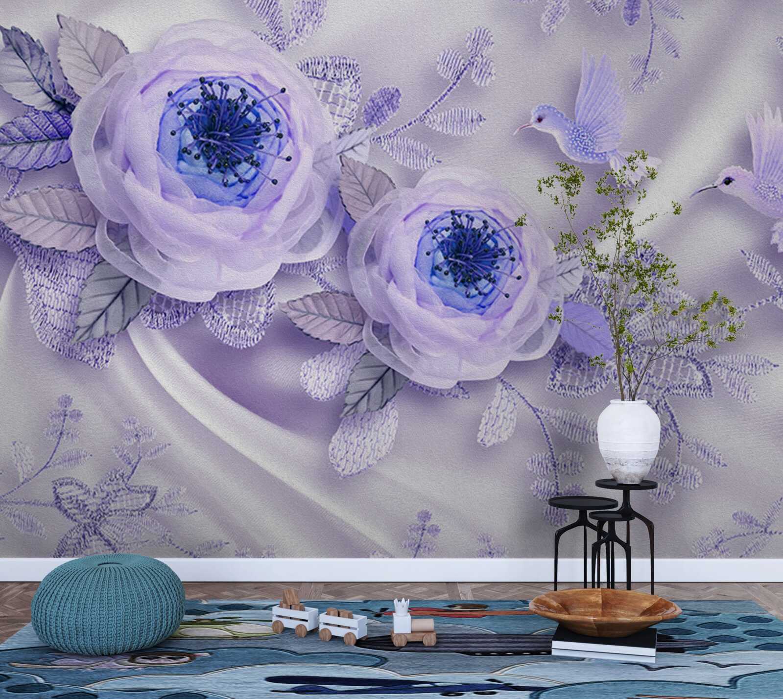 Фотошпалери діаманти прикрашають білу троянду на шовковій тканині