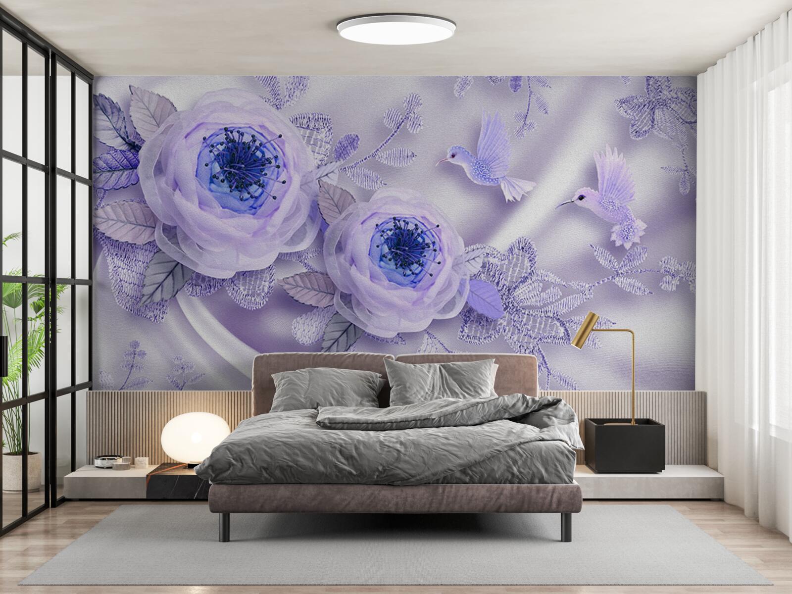 Фотошпалери діаманти прикрашають білу троянду на шовковій тканині