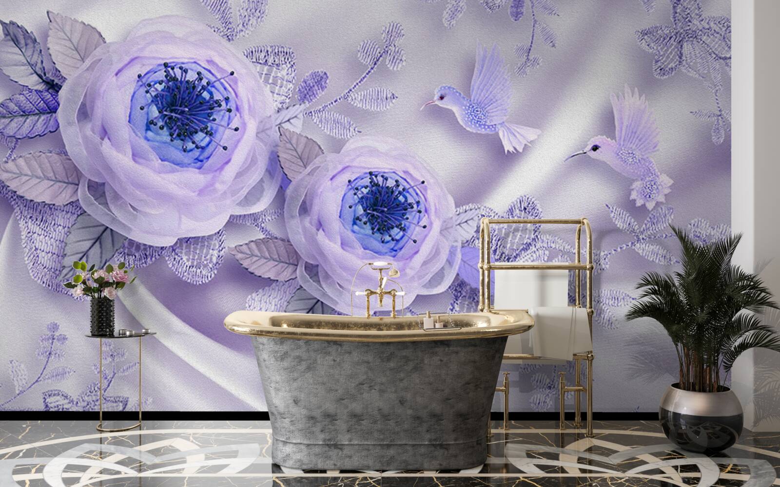 Фотошпалери діаманти прикрашають білу троянду на шовковій тканині