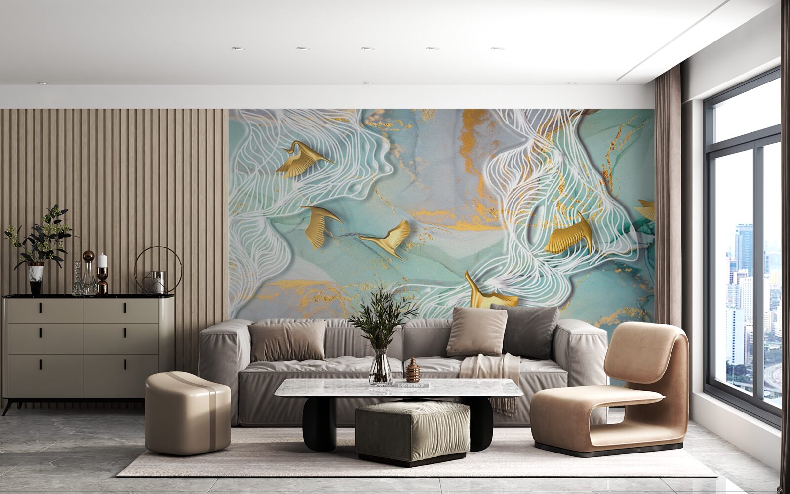 Фотошпалери золоті птахи злітають у небо