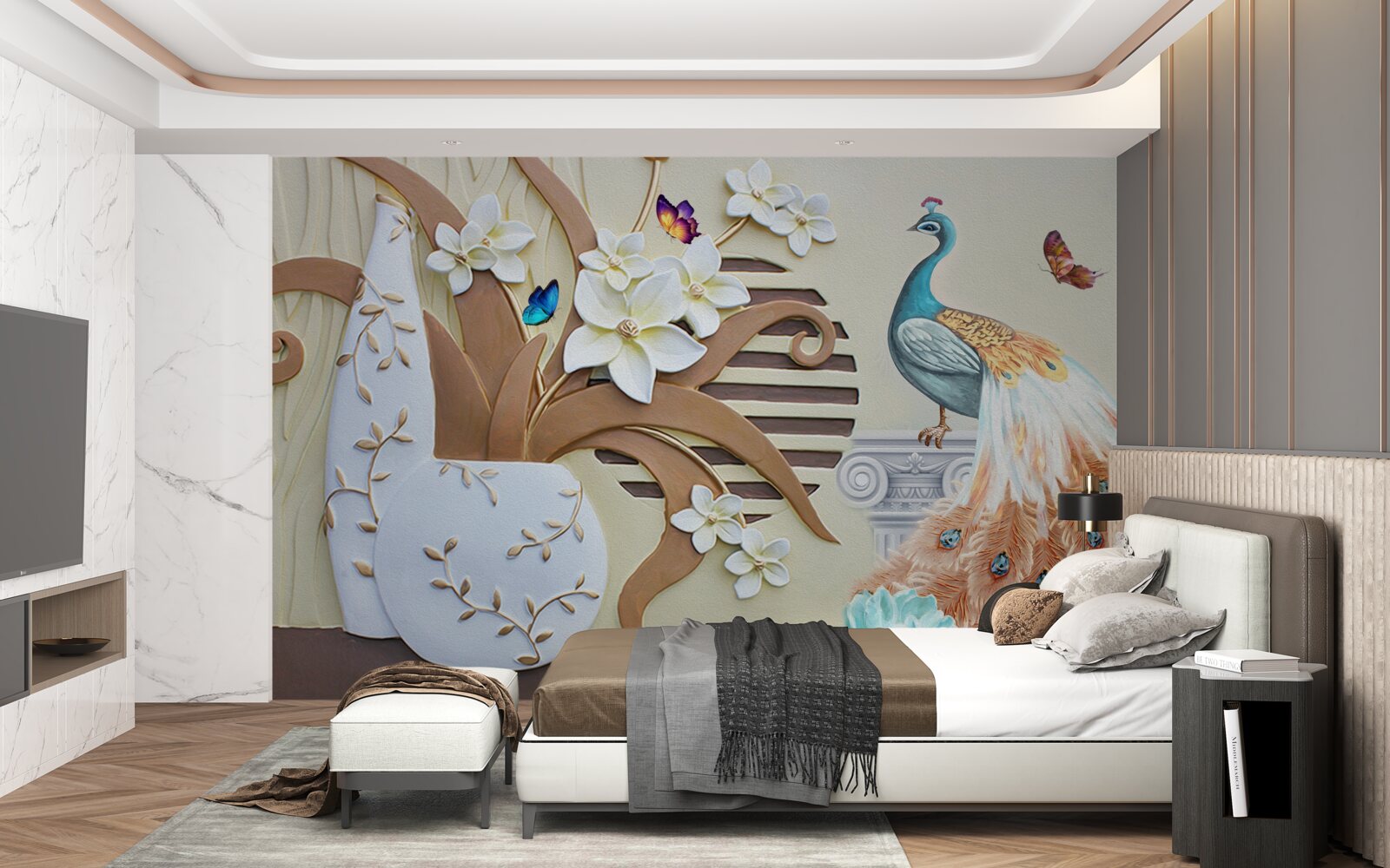 Фотошпалери квіткова розкіш і павич з розкішним хвостом