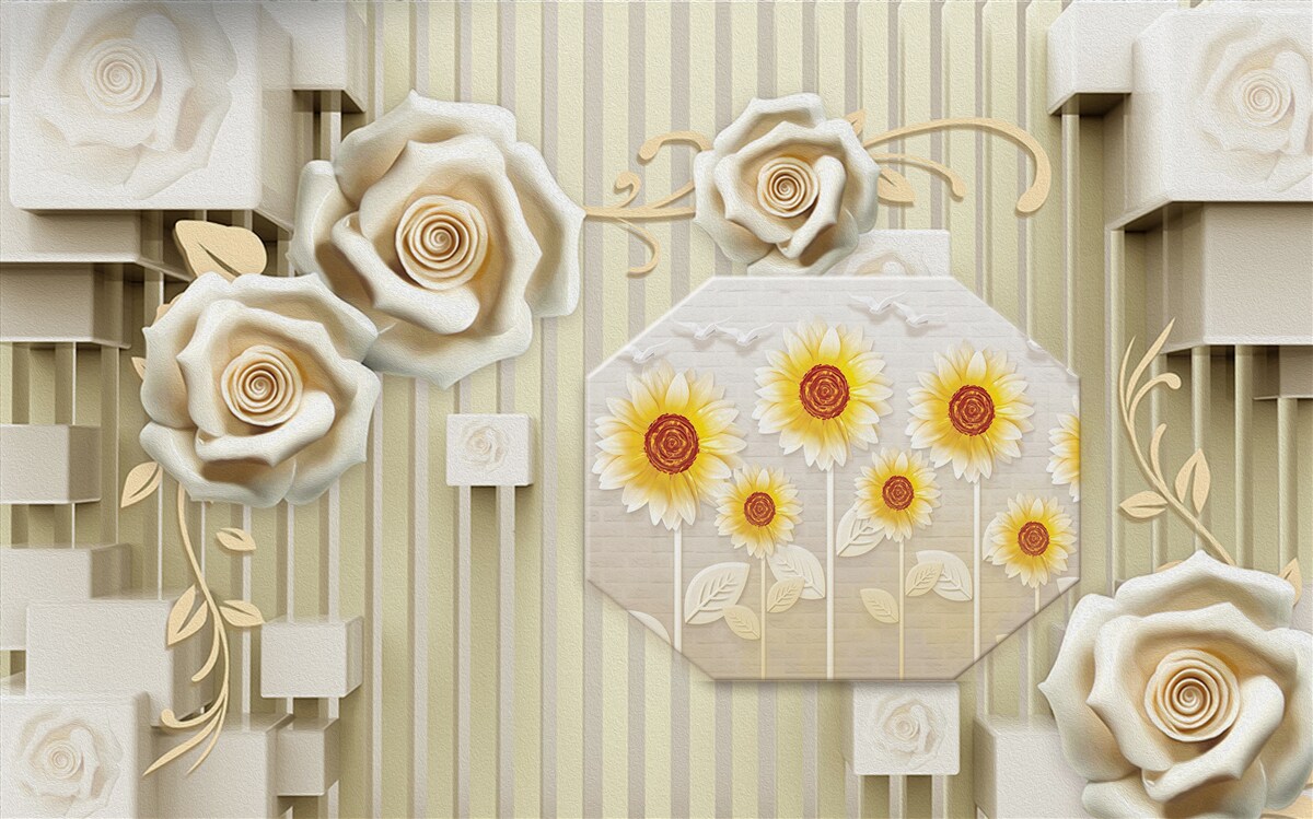 Фотошпалери блідо-золотава троянда та соняшники