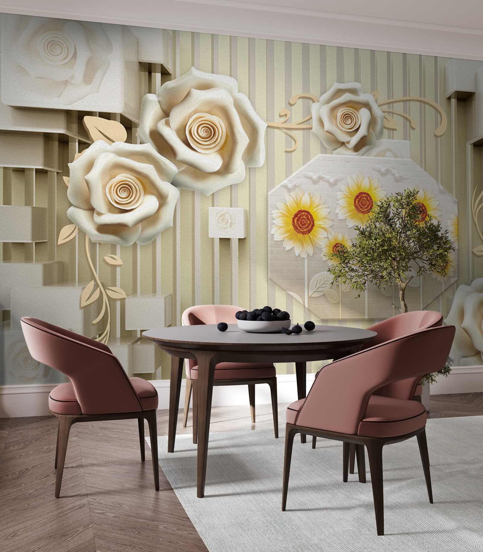 Фотошпалери блідо-золотава троянда та соняшники