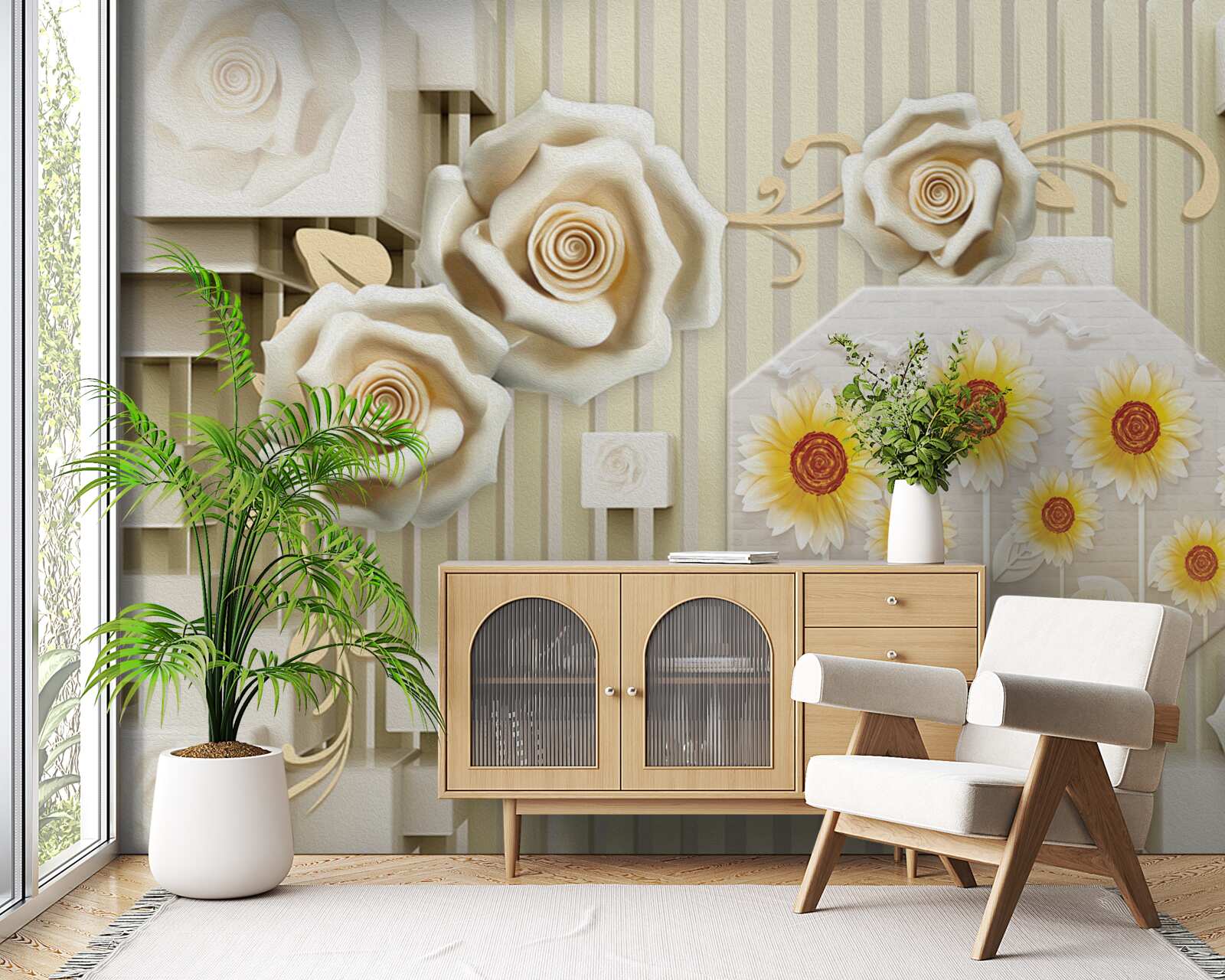 Фотошпалери блідо-золотава троянда та соняшники