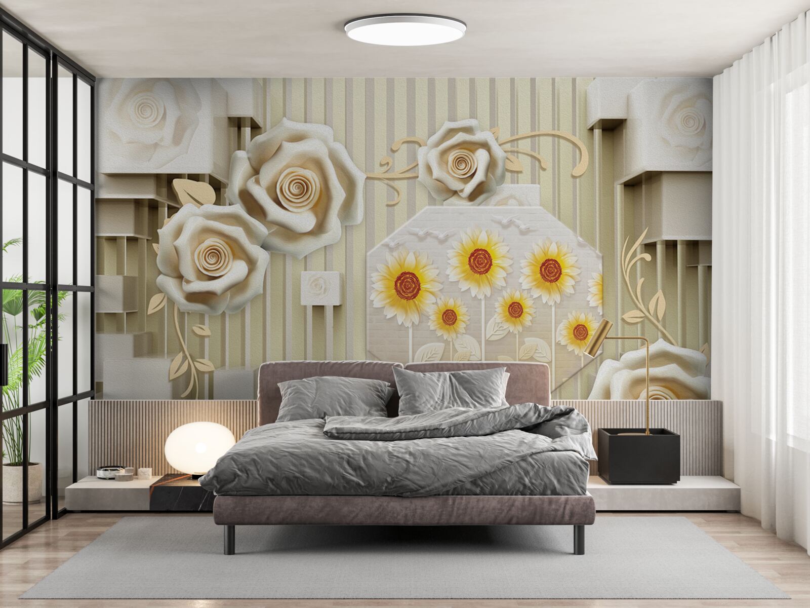 Фотошпалери блідо-золотава троянда та соняшники