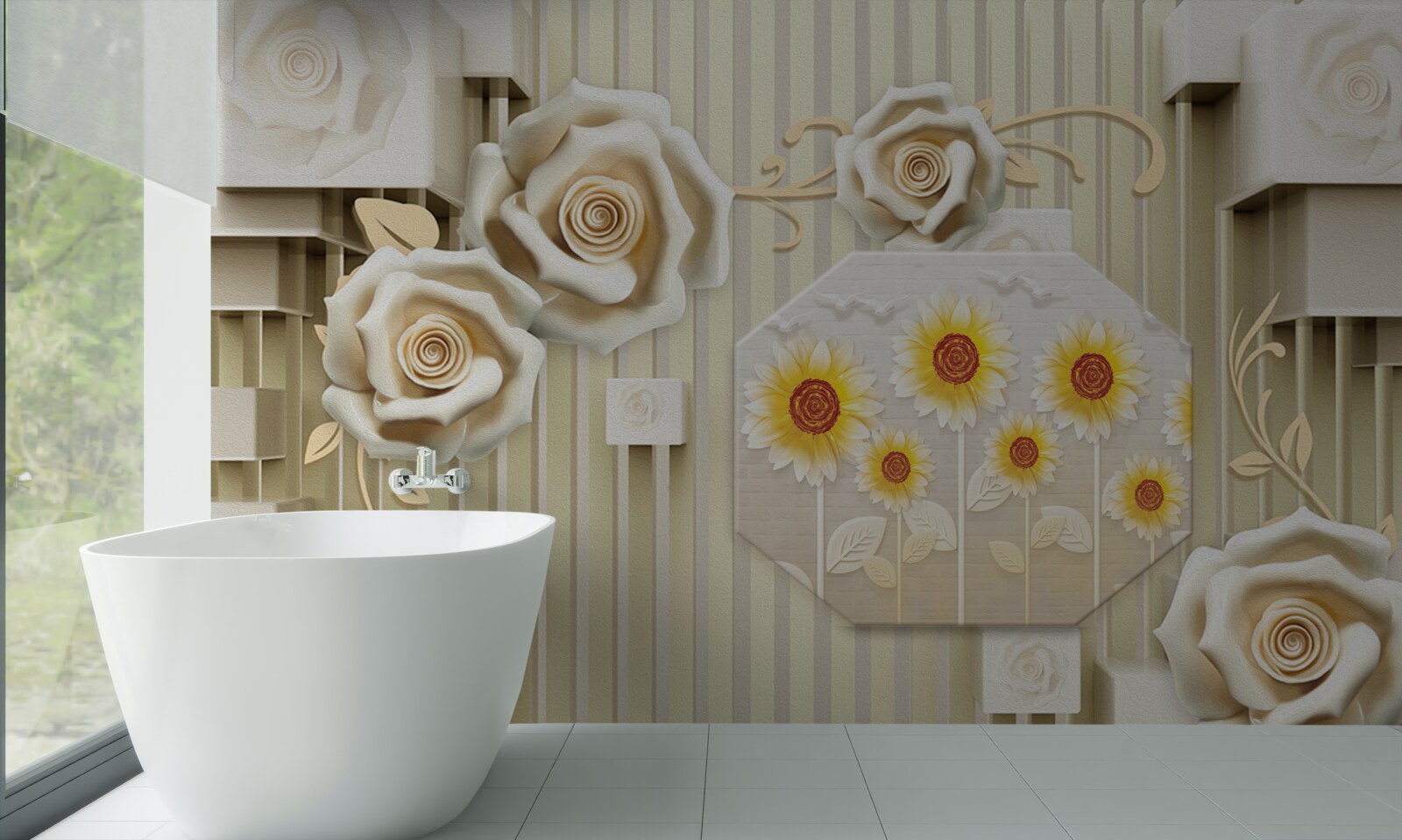 Фотошпалери блідо-золотава троянда та соняшники